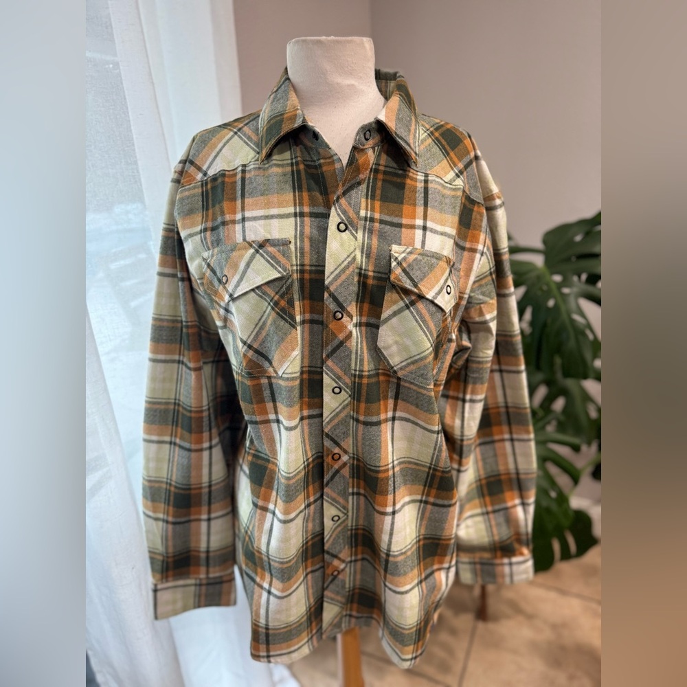 L.L. Bean Plaid Flannel Shirt Green Orange Wool Blend Button Up Men’s L‎ Regular